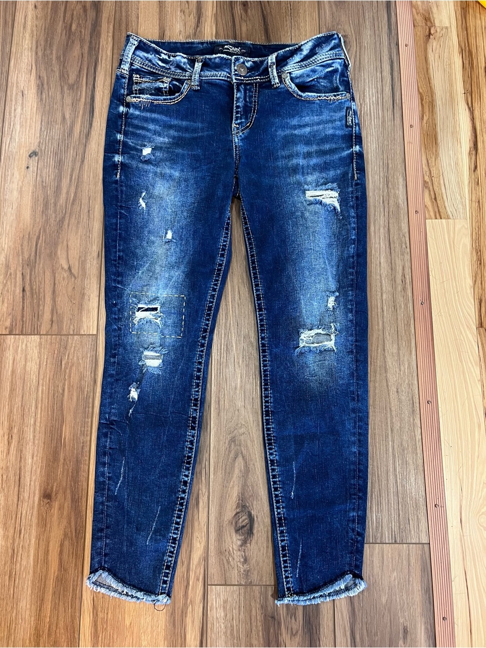 Silver Jeans Women's Dark Blue Distressed Skinny Jeans